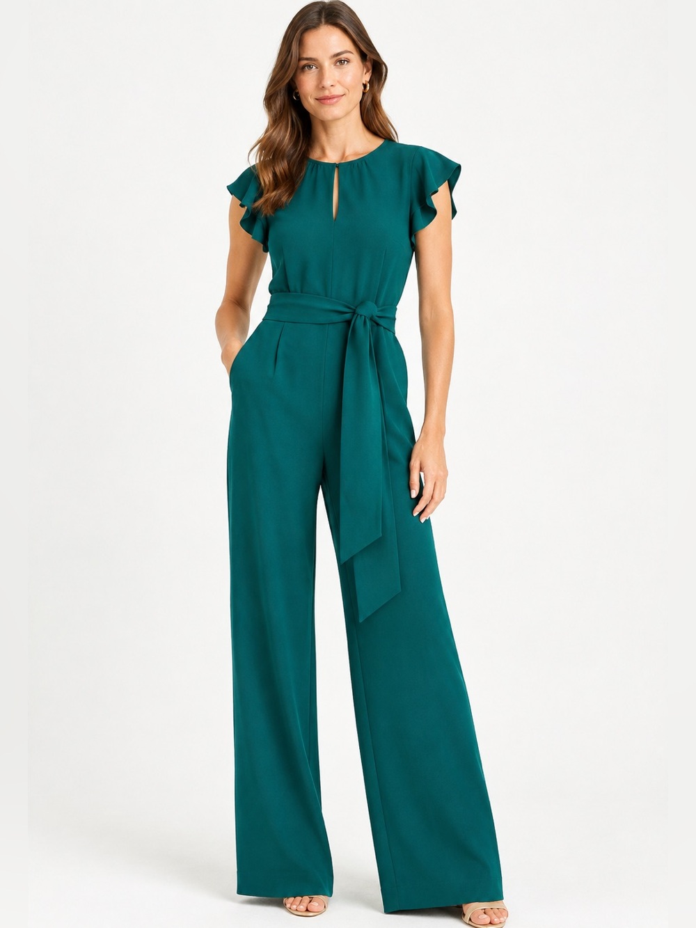 J.Crew 365 Crepe Emerald Green Flutter Sleeve Wide Leg Jumpsuit 6 Tall